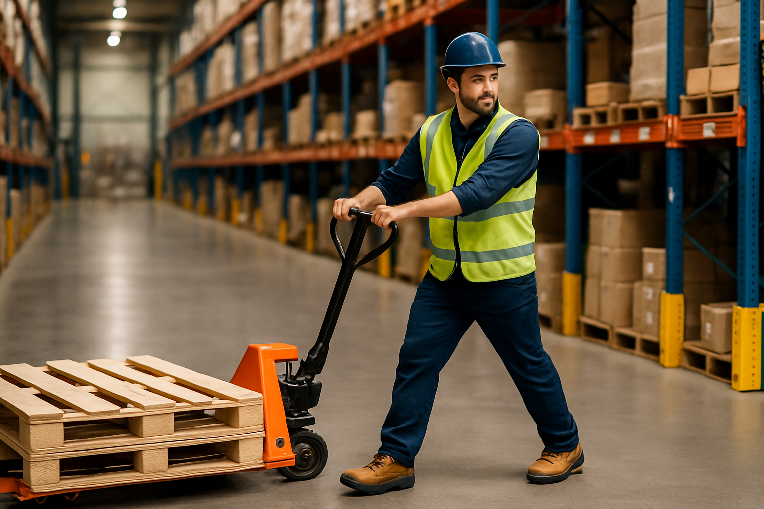 man pulling pallet with pump truck HD picture